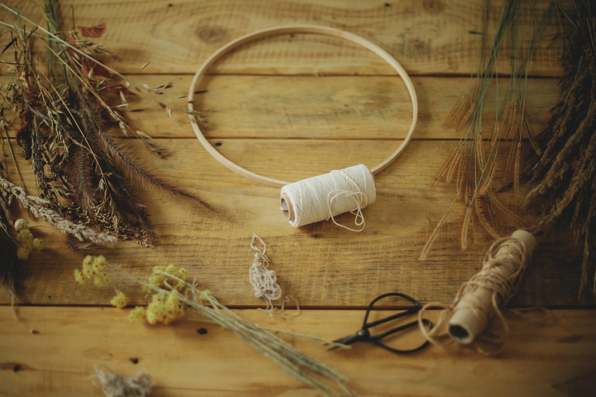 Artisan workspace with threads and hoops