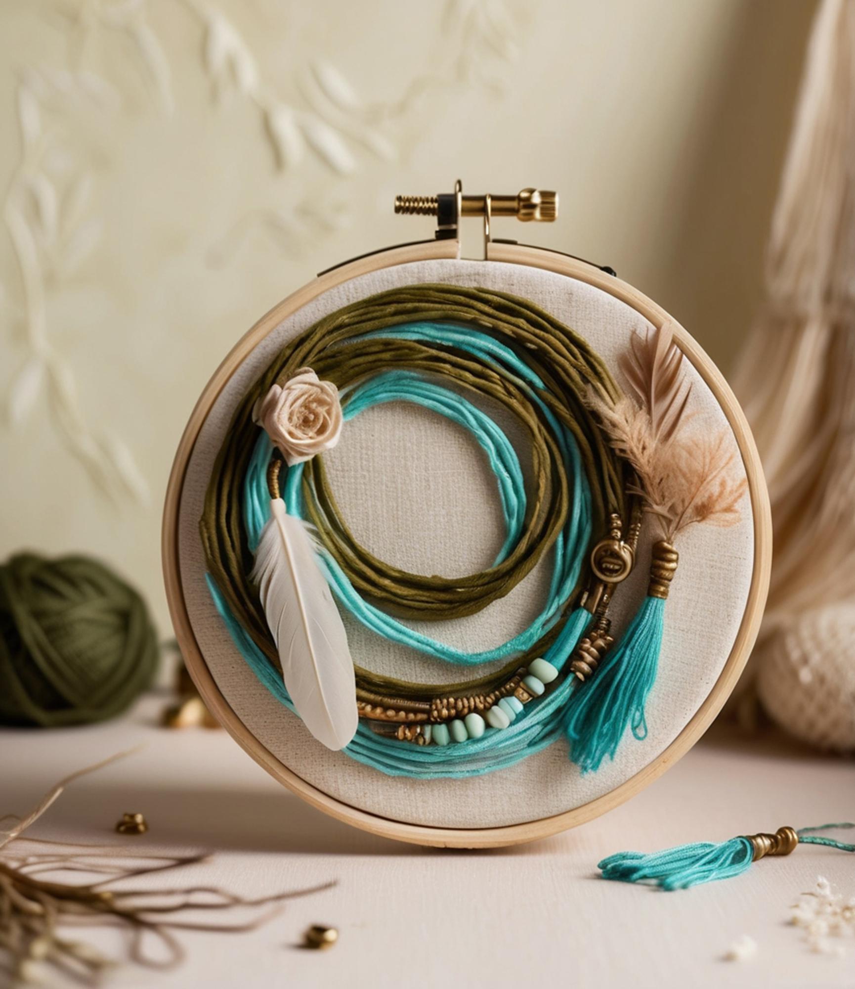 Close-up of hand-guided embroidery hoop with golden thread